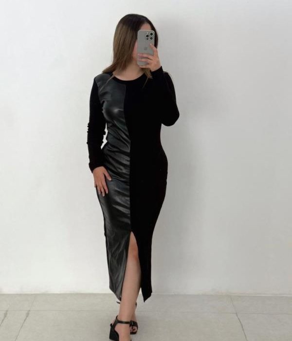 ماکسی یقه گردترکیب چرم